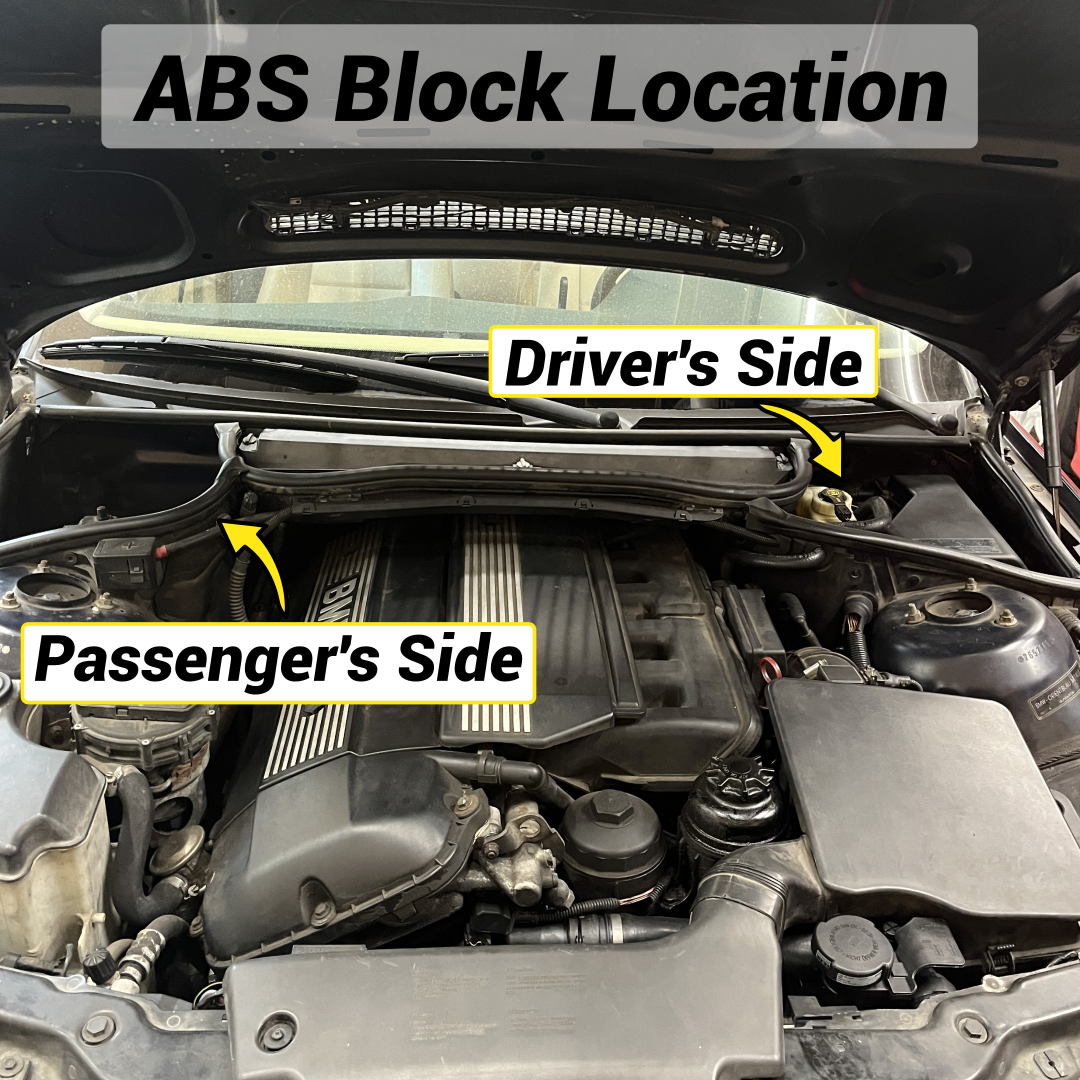 e46 engine bay with ABS block side description